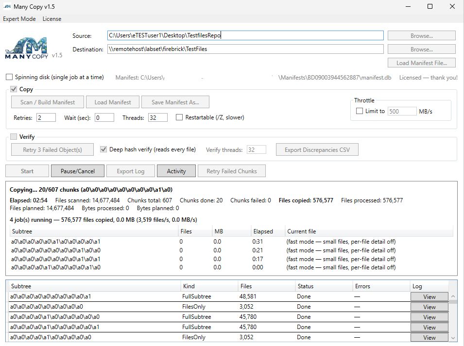 Many Copy running a large multi-job copy