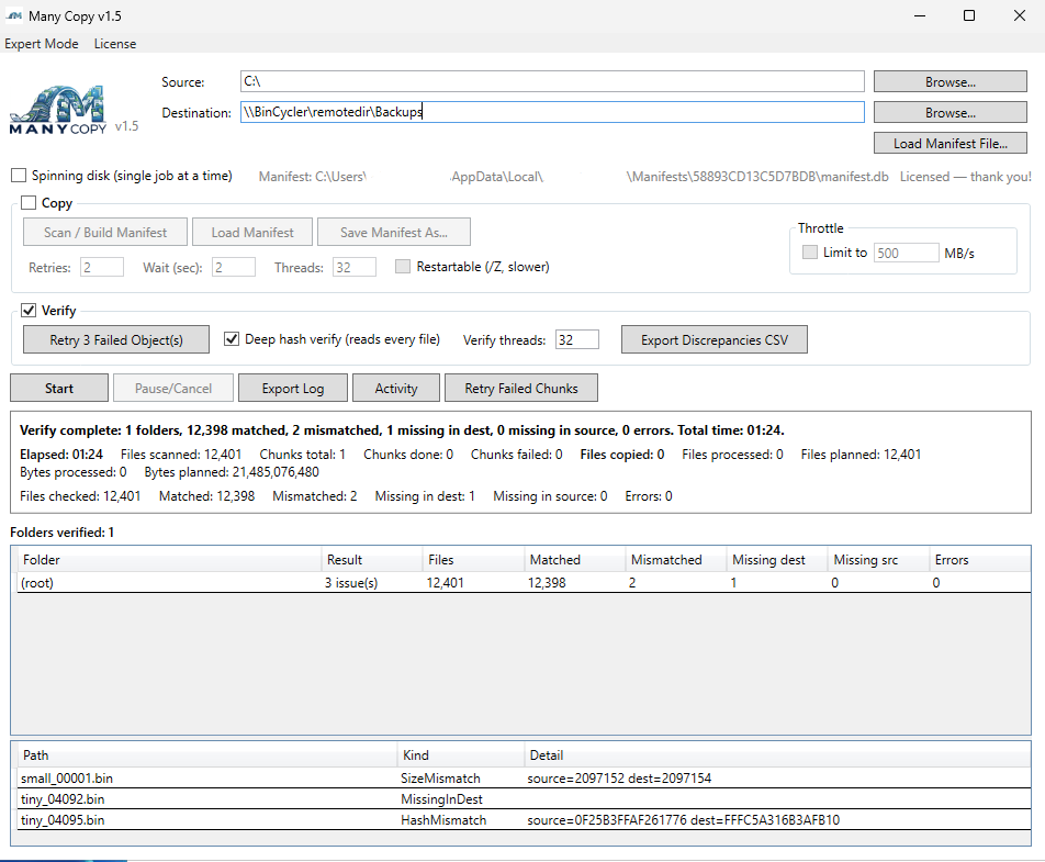 Many Copy verification results with matched, mismatched and missing files